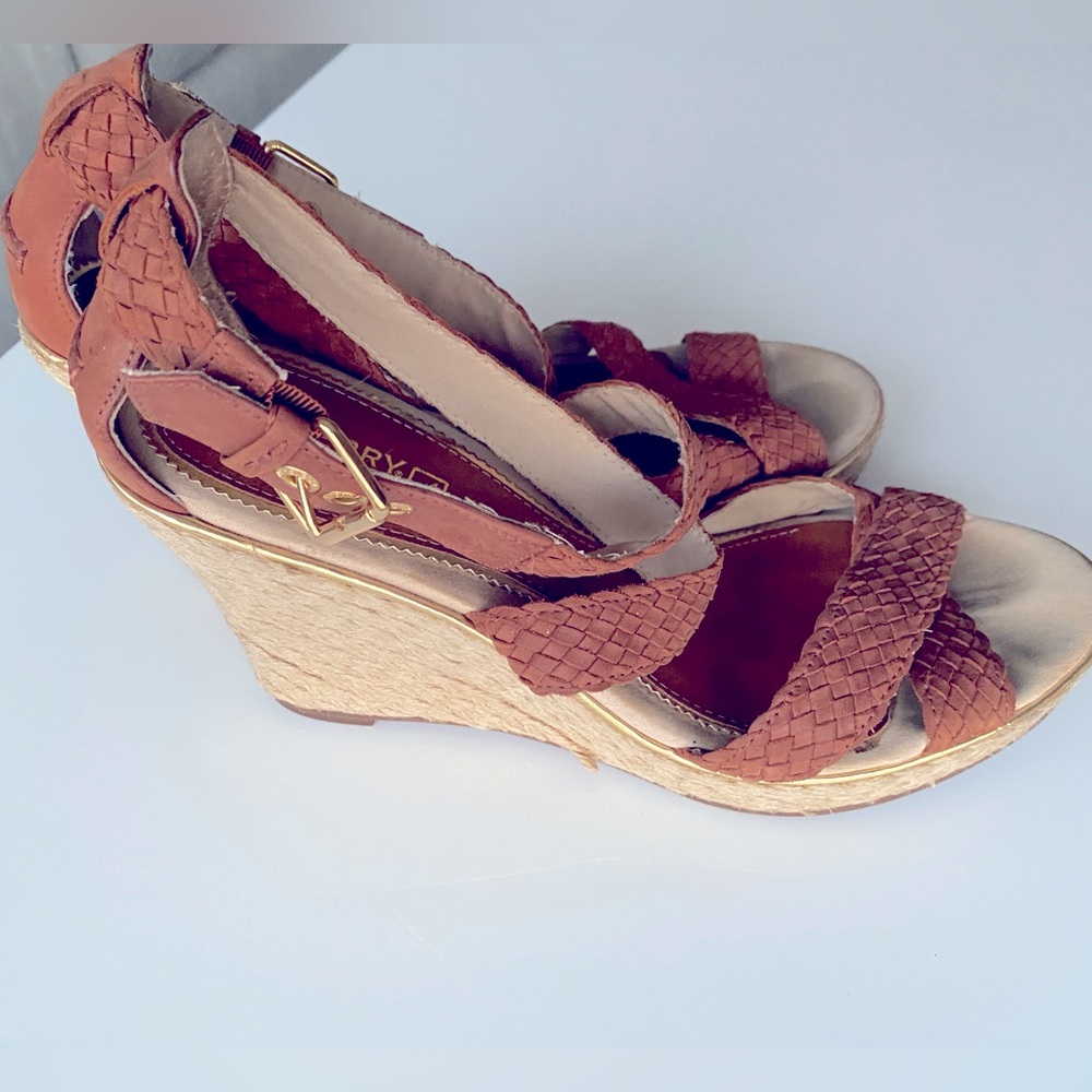 Sperry Woven Leather Wedge Sandels Size 8.5 Burnt Orange Tan